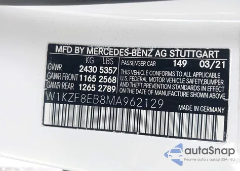 2021 Mercedes-Benz E 350 4Matic z USA, uszkodzony, nr VIN W1KZF8EB8MA962129